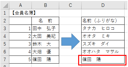 漢字にふりがなをつけて 別セルに表示させる方法