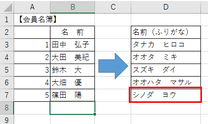 漢字にふりがなを別セルに表示させる方法-10